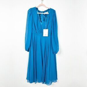NWT Mac Duggal Chiffon Bishop Sleeve Surplice Dress (Plus) Ocean Blue 14W #9861